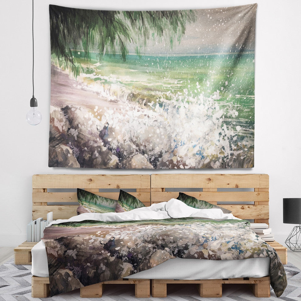 Rocky Seashore with White Waves Seashore Wall Tapestry, 80"x68"