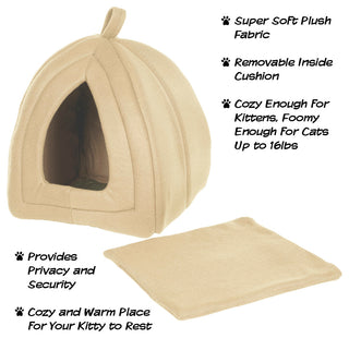 Igloo Cat Bed, Soft Indoor House, Removable Cushion by Petmaker, Tan