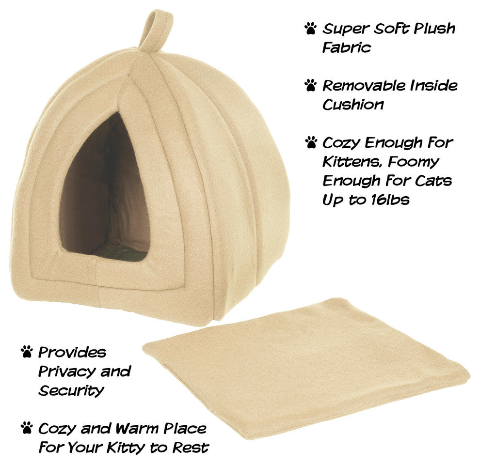 Igloo Cat Bed, Soft Indoor House, Removable Cushion by Petmaker, Tan