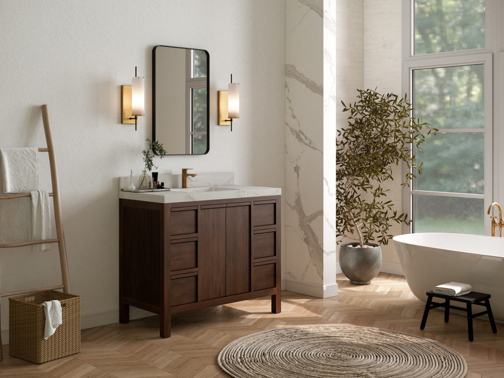 Elizabeth 42 Single Sink Bath Vanity in Dark Walnut Teak 2" Carrara Quartz