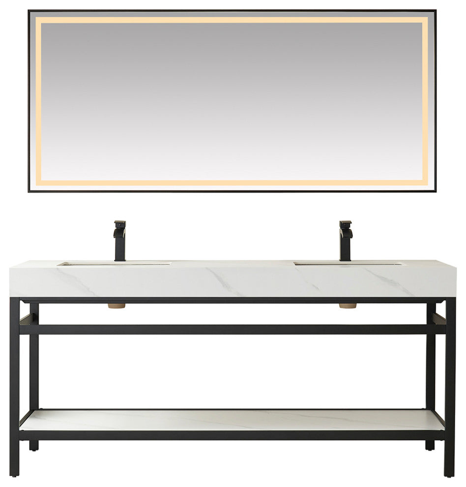 Funes Bath Vanity with Mirror, Matte Black Support, 72" Double Sink, White Stone Top