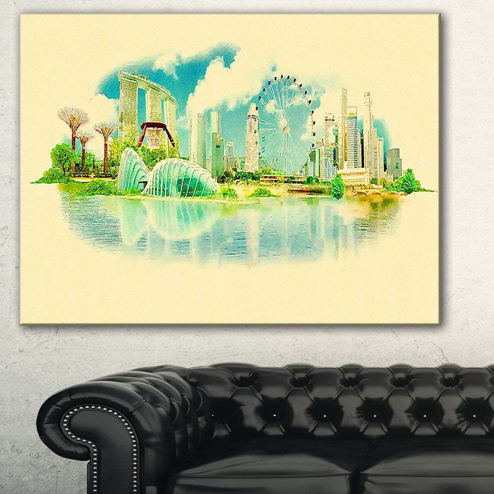 "Singapore Panoramic View" Cityscape Watercolor Canvas Print, 40"x20"