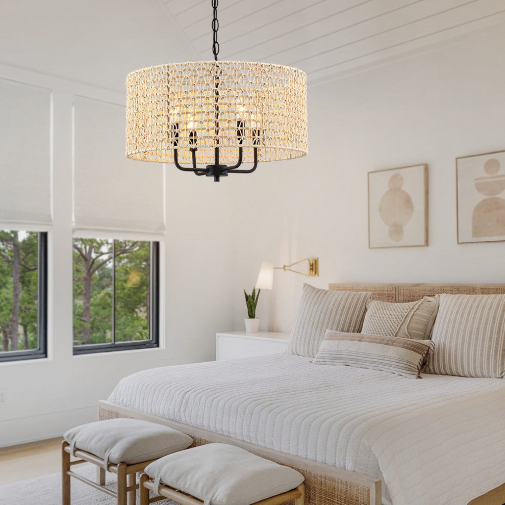 20" 4-Light Rattan Drum Chandelier Light With Black Canopy