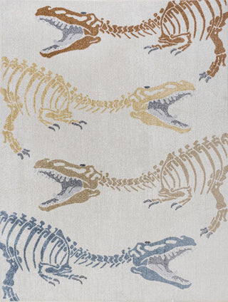 Kingdarr T-Rex Modern Kids Machine-Washable Cream/Multi 3 ft. x 5 ft. Runner Rug