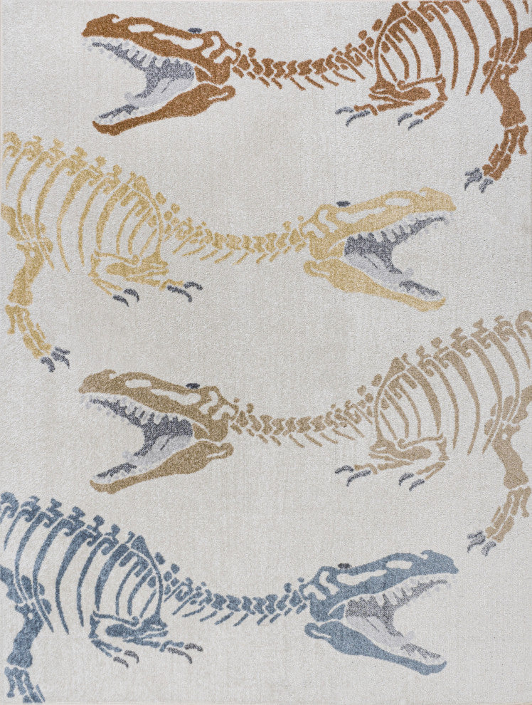 Kingdarr T-Rex Modern Kids Machine-Washable Cream/Multi 3 ft. x 5 ft. Runner Rug