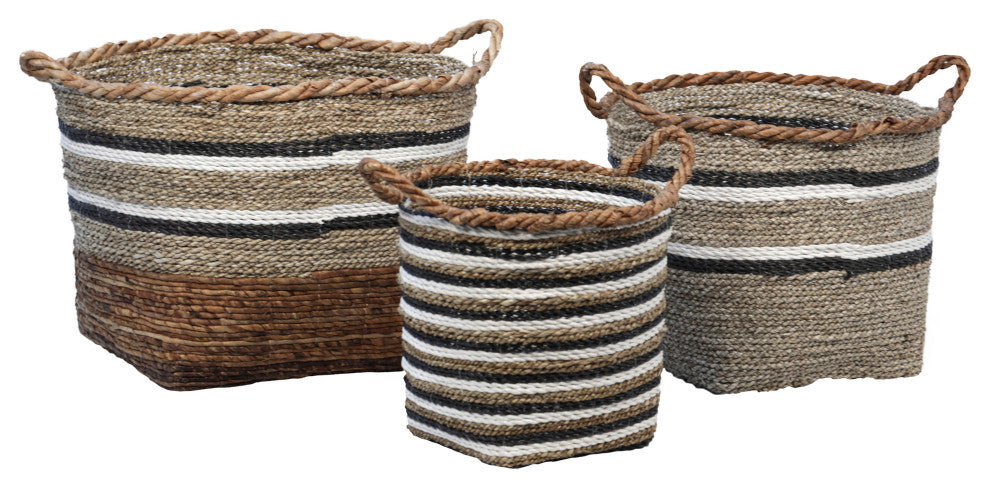 Dantes Natural Hand Woven Banana Stalk and Sea Grass Tri-Tone Baskets, Set of 3