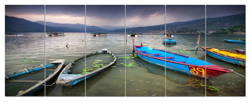 Boats near Pokhara Lake, Boat Canvas Art Print, 70"x28", 6 Panels