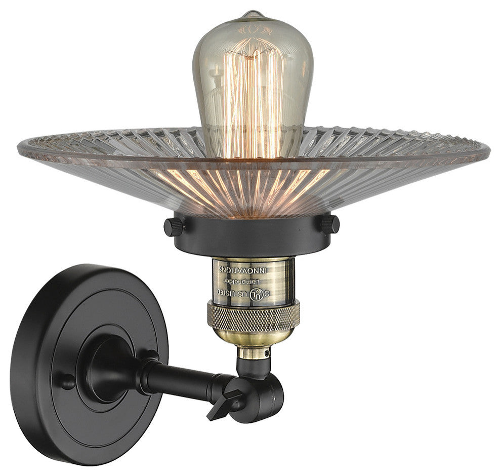1-Light LED Halophane Sconce, Black Antique Brass, Clear Halophane