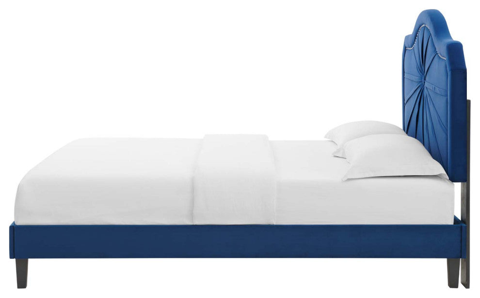 Platform Bed Frame, King Size, Velvet, Blue Navy, Modern Contemporary, Bedroom