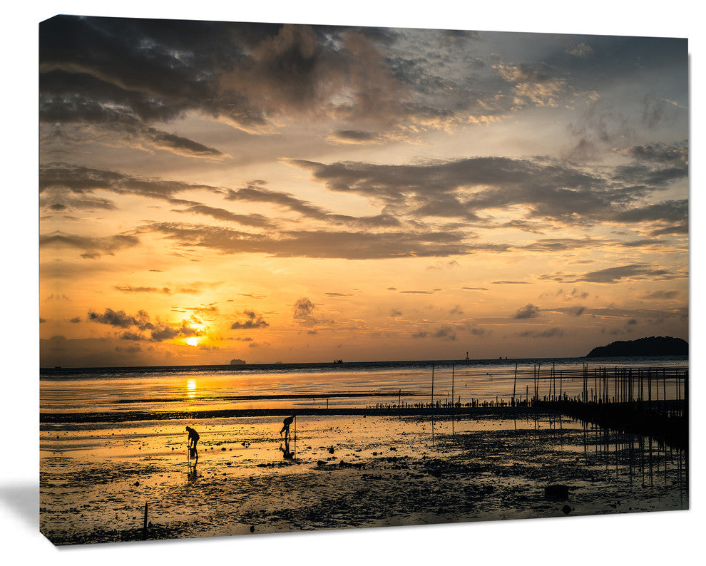 Dawn at Seaside during Low Tide, Modern Seashore Canvas Art, 60"x28"