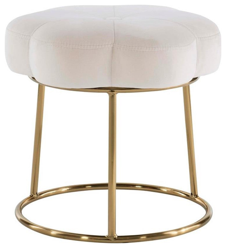 Linon Siena Gold Base Upholstered Flower Shaped Vanity Stool in White Velvet