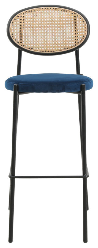 LeisureMod Euston Wicker Bar Stool With Black Steel Frame and Footrest, Navy Blue