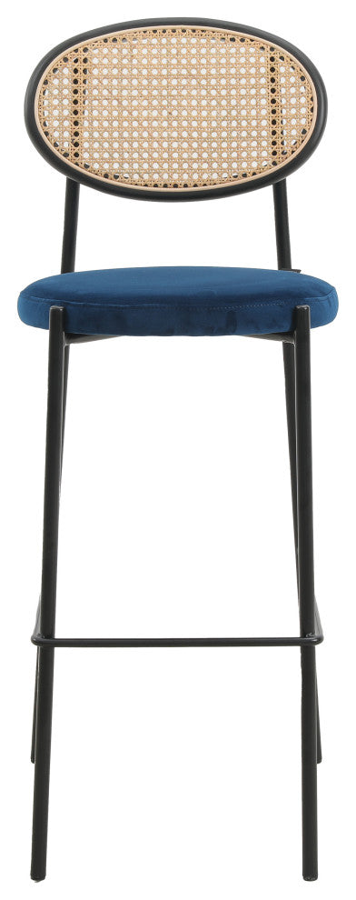 LeisureMod Euston Wicker Bar Stool With Black Steel Frame and Footrest, Navy Blue