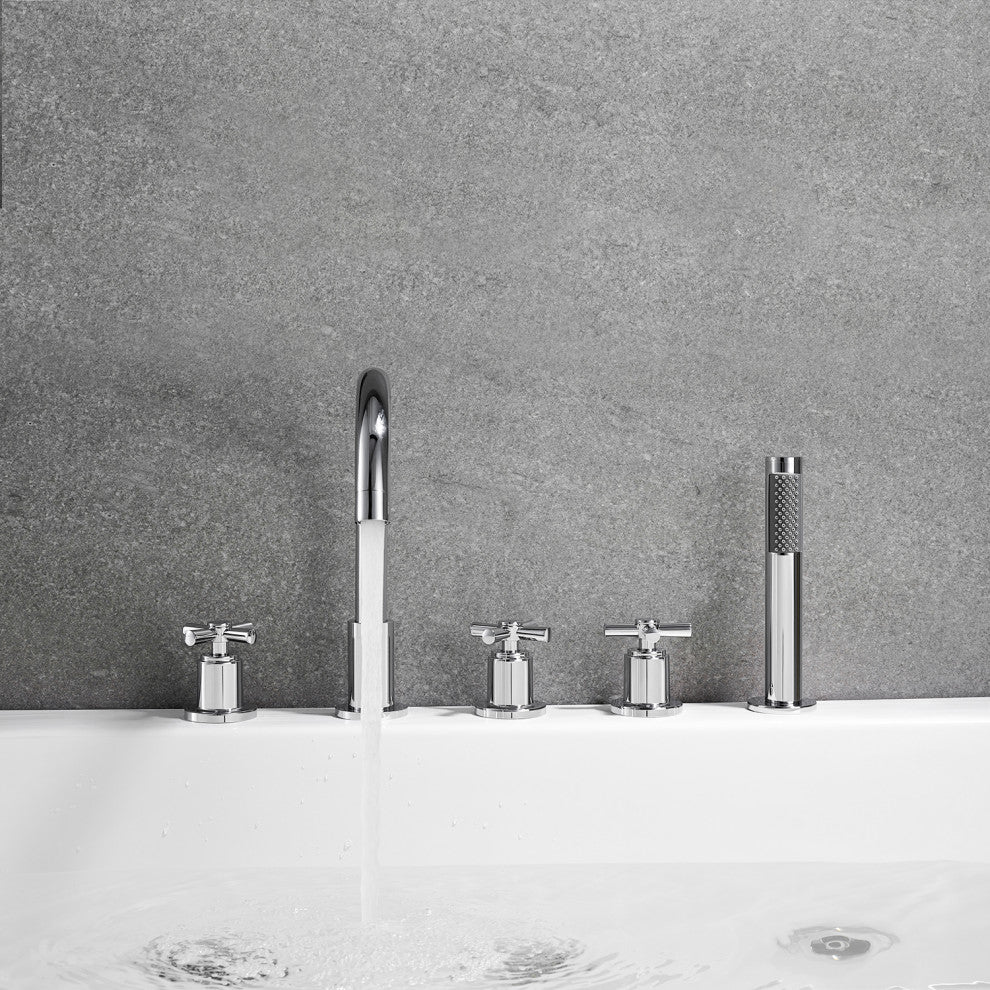 Sorlia Cross Handles Deck-Mount Roman Tub Faucet With Handshower, Polished Chome