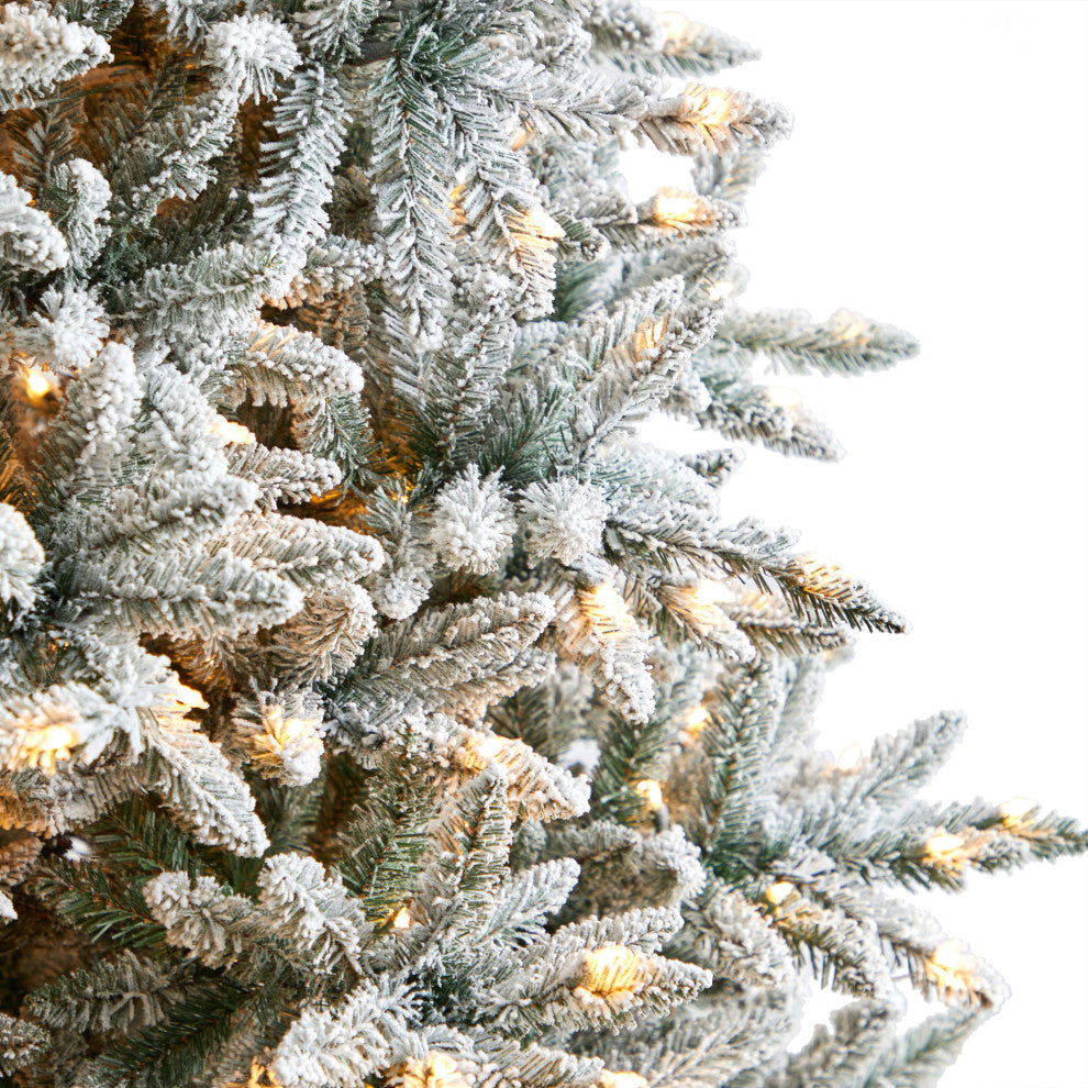 8' Flocked West Virginia Spruce Faux Xmas Tree W/Clear Light & Bendable Branches