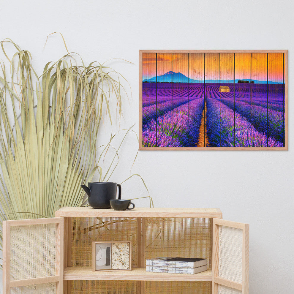 Faux Wood Lavender Fields and Sunset Landscape Framed Photo Paper Wall Art Print, Red Oak, 24" X 36"