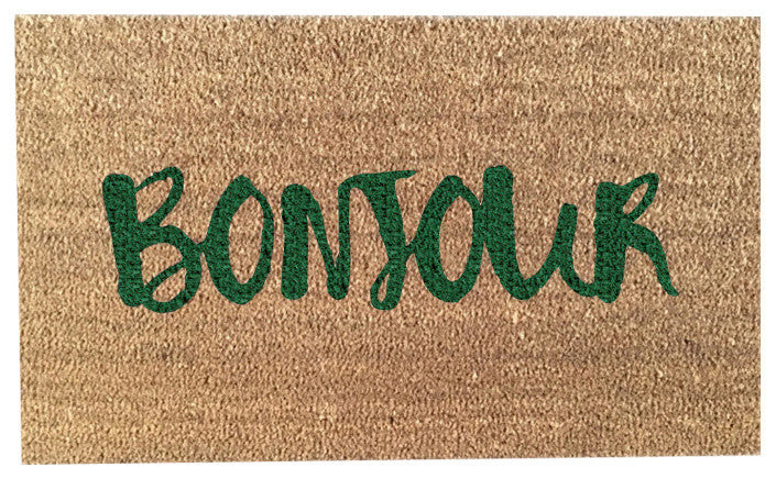 Hand Painted "Bonjour" Welcome Mat, Amazon Dark Green
