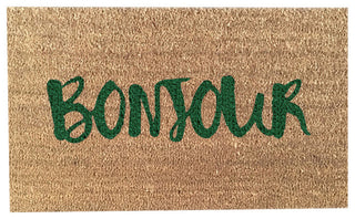 Hand Painted "Bonjour" Welcome Mat, Amazon Dark Green
