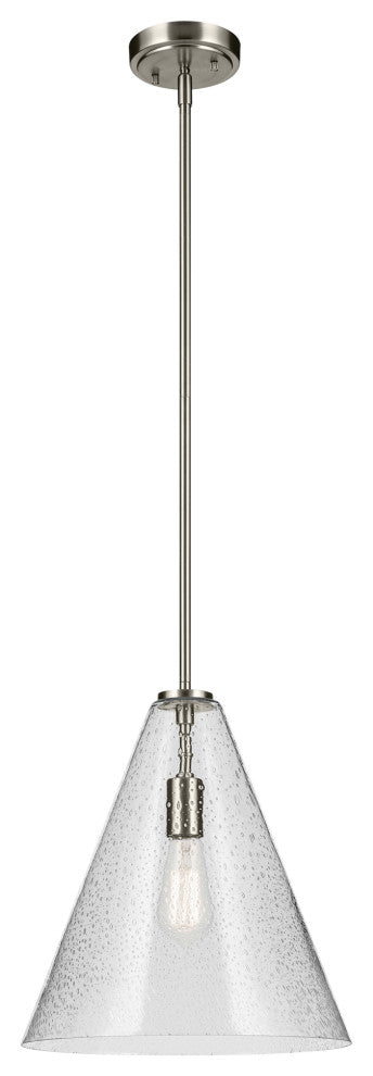 Everly 15.5" 1-Light Cone Pendant With Clear Seeded Glass, Brushed Nickel