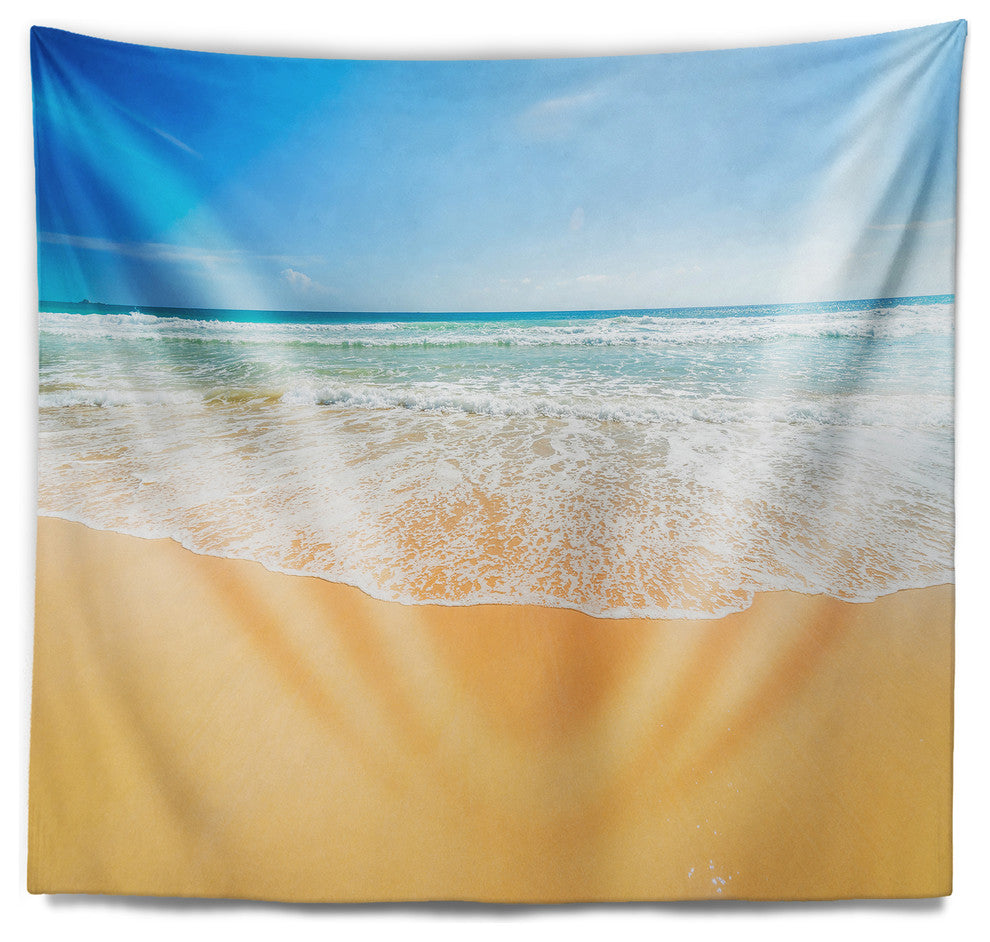 Long Waves on Sand under Blue Sky Seascape Wall Tapestry, 39"x32"