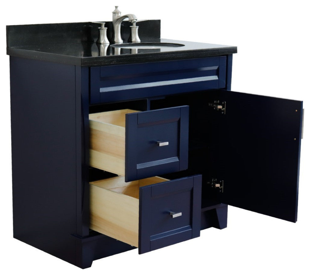 37" Single Sink Vanity, Blue Finish With Black Galaxy Granite
