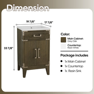 Freestanding Single Bathroom Vanity with White Resin Top, Grey Oak, 20"