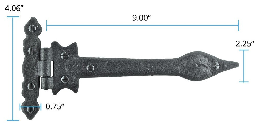 Black Wrought Iron Door Strap Hinge 9" L Colonial Spear Tip Flush Mount Hinges