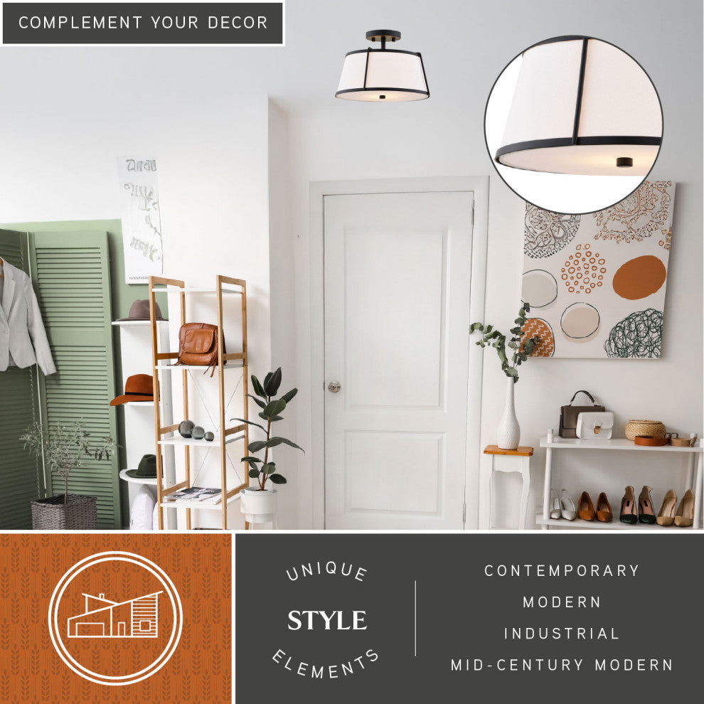 Marion 2-Light Gold Mid-Century Modern Drum Semi Flush Mount Ceiling Fixture, Matte Black