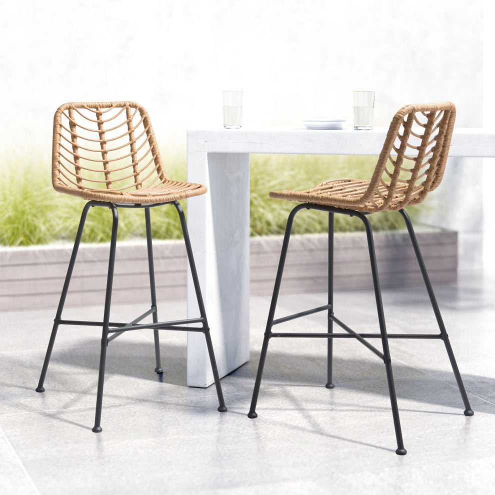 Bar Stool Chair Barstool, Set of 2, Steel Metal, Natural, Black, Outdoor Patio