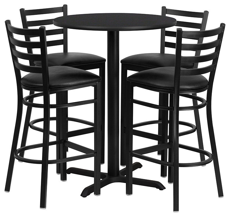 30'' Round Black Laminate Table, 4 Ladder Back Metal Barstools- Black Seat