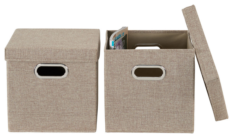 Storage Bins With Lids and Chromed Grommet Handles, Brown