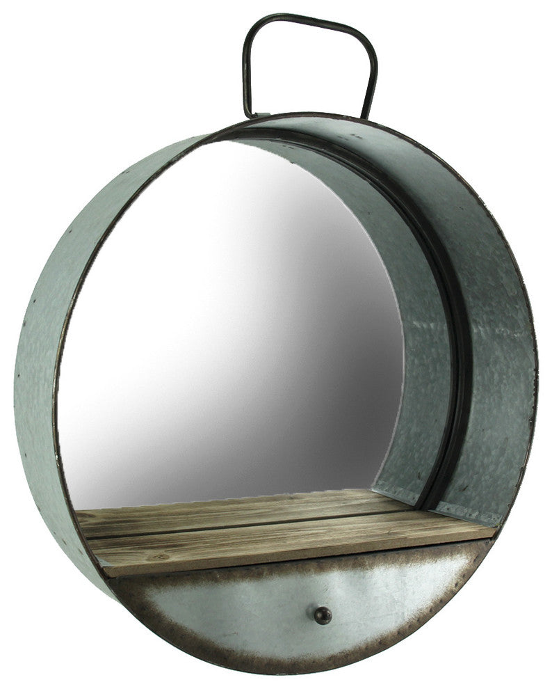 Rustic Galvanized Metal Tub Frame Round Wall Mirror with Drawer