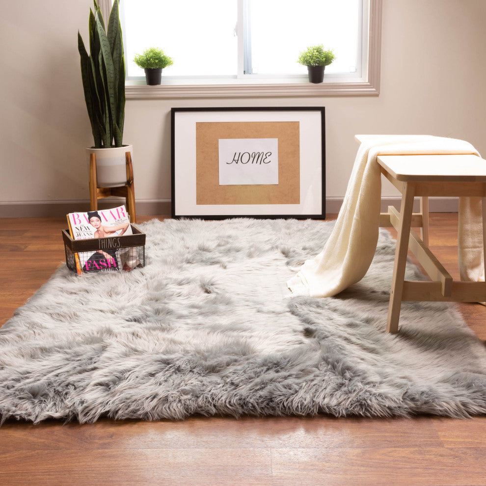 Plush and Soft Faux Sheepskin Fur Shag Area Rug, Gray, 3' X 5'