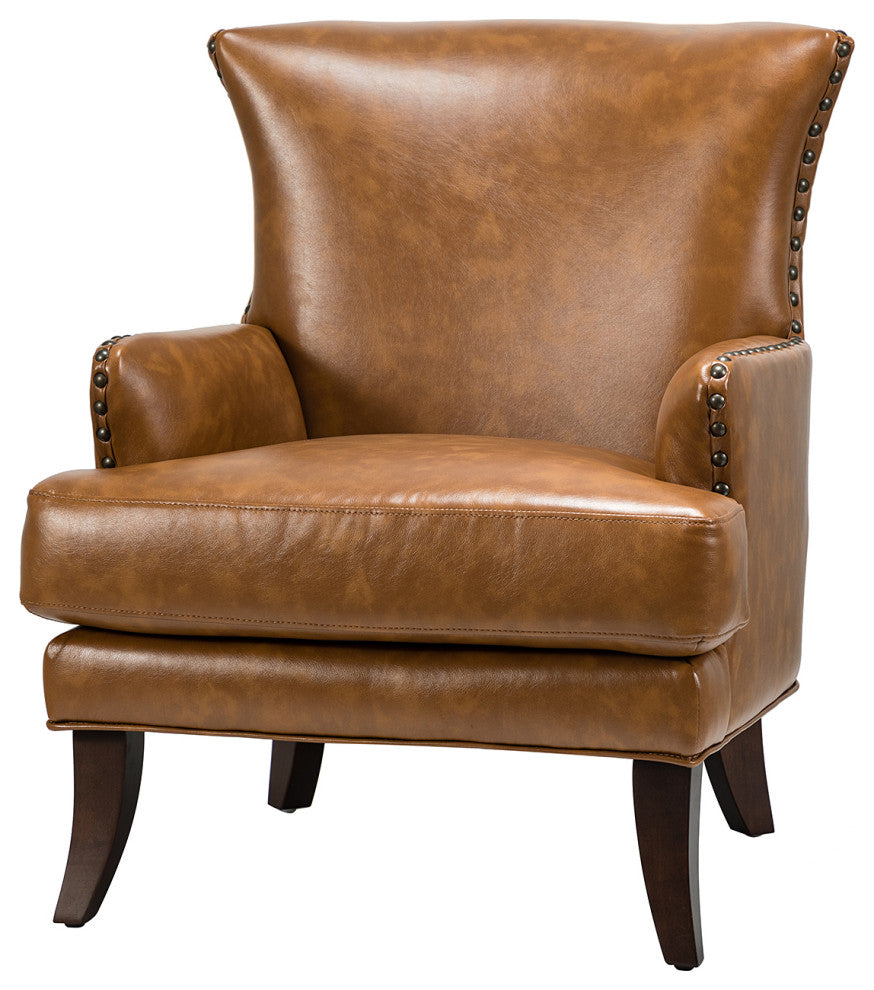 Classic Wooden Upholstered Leather Armchair, Camel