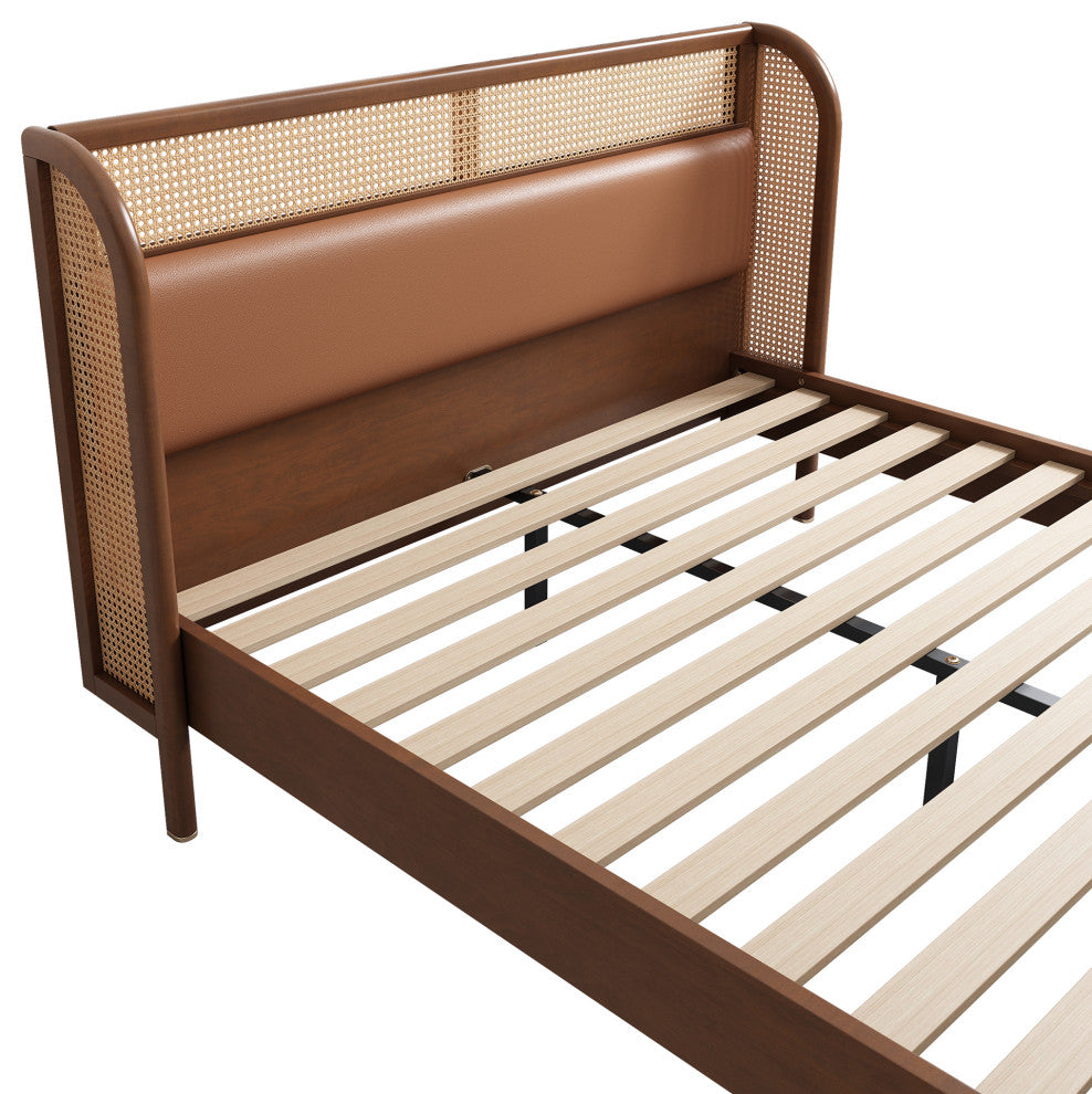 Black/Walnut Queen Wood Frame Platform Bed, Wingback Headboard, Walnut