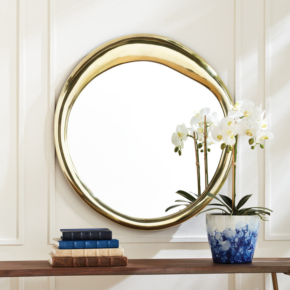 Modern Free Form Gold Frame Round Wall Mirror 31in Abstract Metal Vanity Organic