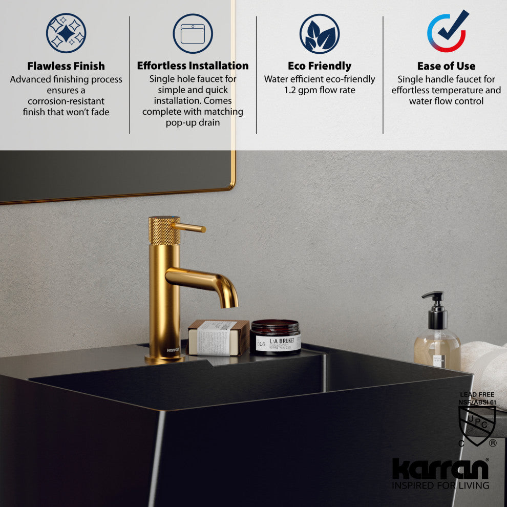Karran 1-Handle 1-Hole Bathroom Faucet With Pop-up Drain, Gold