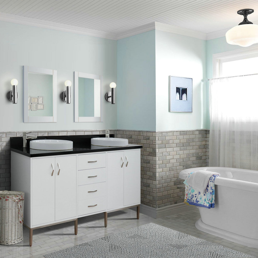 61" Double Sink Vanity, White Finish With Black Galaxy Granite And Round Sink