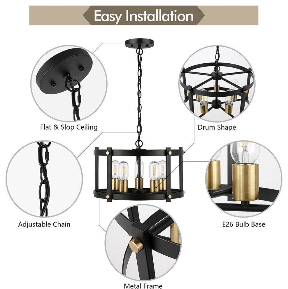 5 Light Farmhouse Chandelier Industrial Hanging Pendant Light Fixture