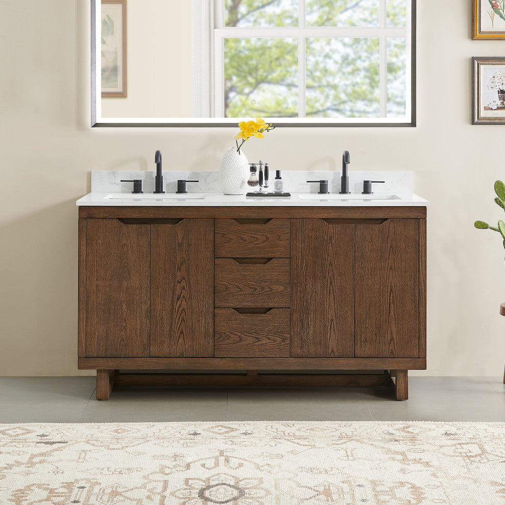 Mowry Bathroom Vanity, Brown Brushed Oak, 60", No Mirror