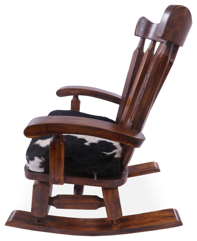 Wooden Rocking Chair Handcarved Back Removable Hair-On Cowhide Pillow RC132-CP