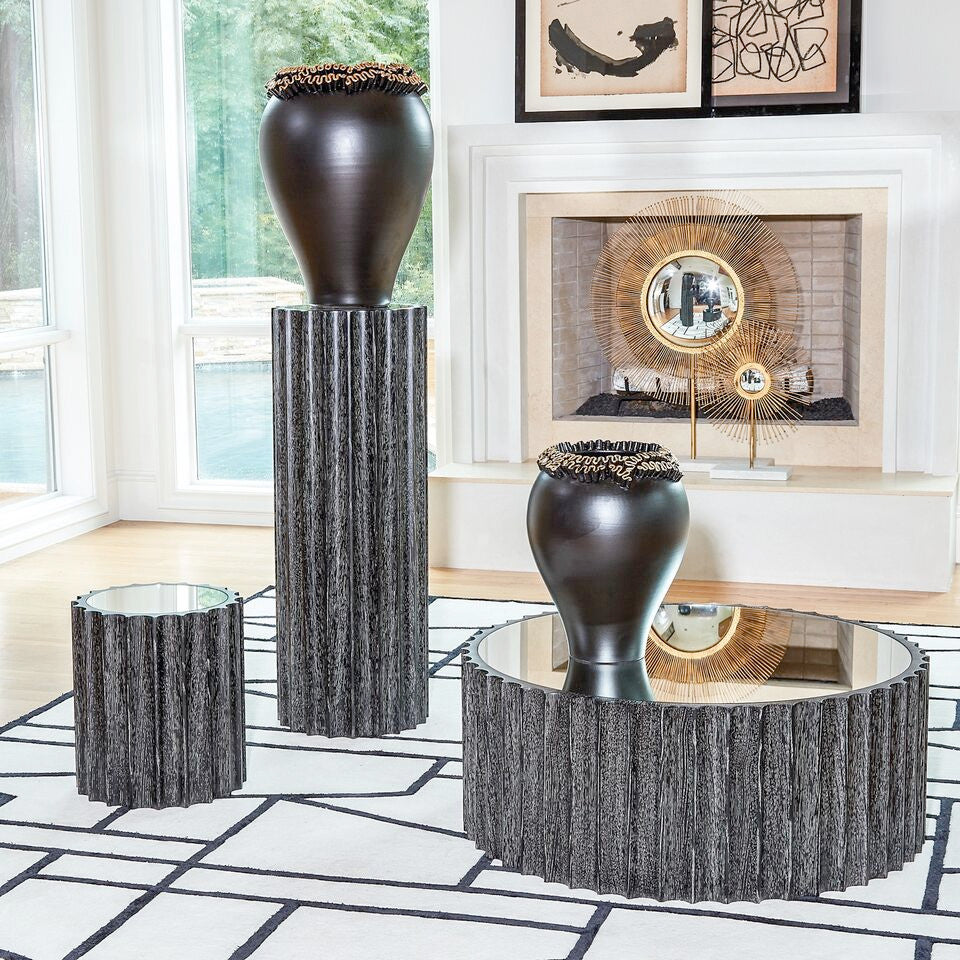 Round Mirror Coffee Table, Gear Fluted Column Cocktail Table, Black Cerused Oak