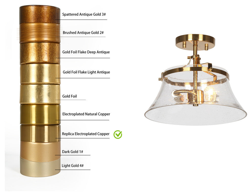 LNC Polished Gold Modern Seeded-Glass Semi-flush Mount Light, 12" Width