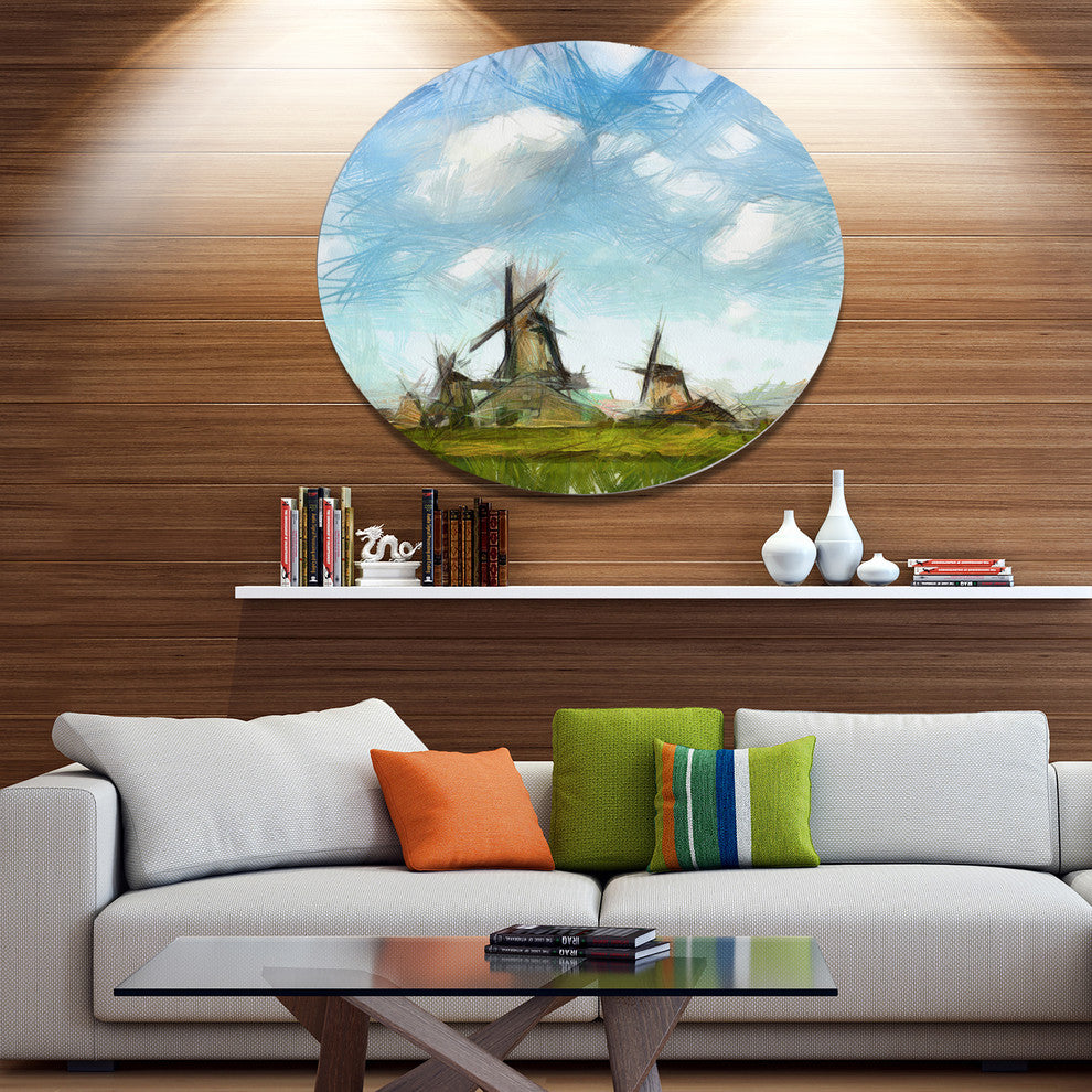 Watercolor Windmill In Netherlands, Landscape Disc Metal Wall Art, 11"