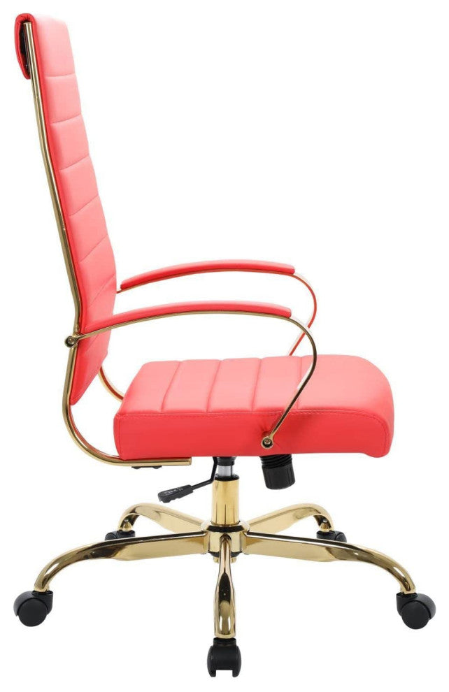 LeisureMod Benmar High-Back Leather Office Chair With Gold Frame Red