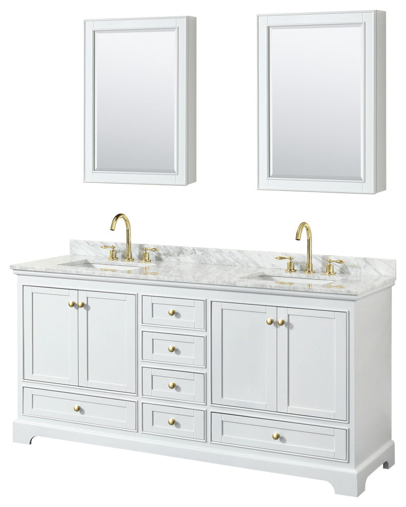72"DBL Bath Vanity White, Carrara Countertop, Sinks, Gold Trim, Med.Cabinets