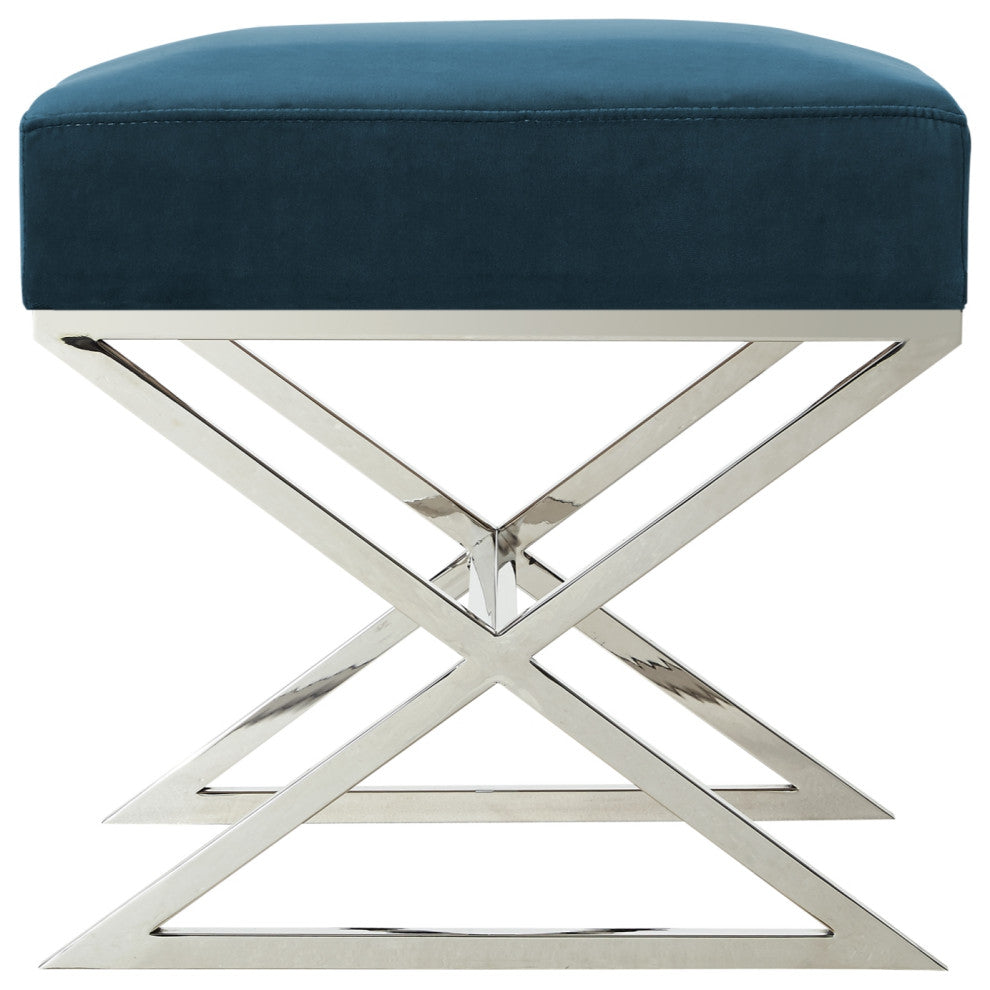 Oria Velvet X-Leg Chrome or Gold Base Ottoman, Navy/ Chrome