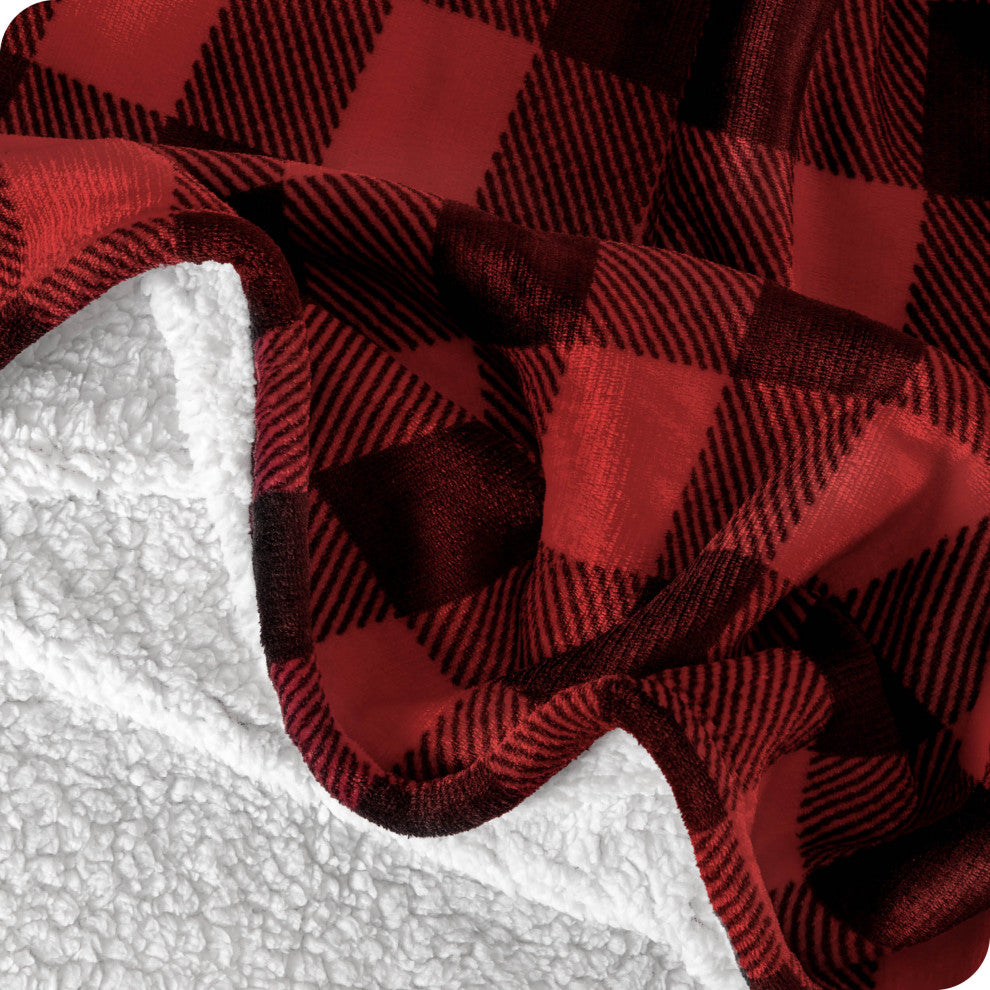 Fleece Sherpa Blanket, Buffalo Plaid Red/Black, King