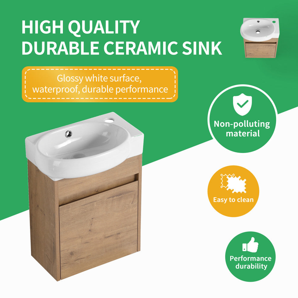 BNK 16 Inch Floating Bathroom Vanity With Sink, With 1 Soft Closing Door, Imitative Oak