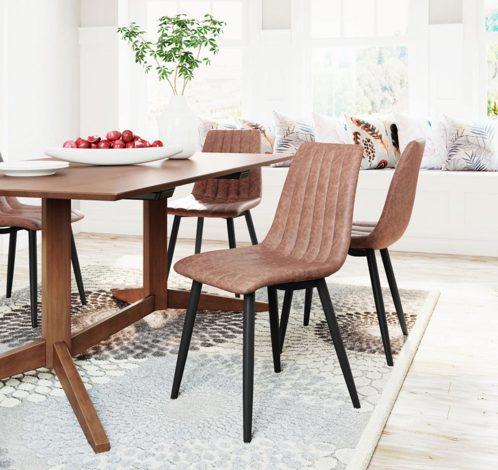 Dining Chair, Set of 2, Faux Vinyl Leather, Steel, Vintage Brown, Black, Cafe